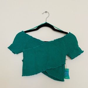 Cropped bandage scrunchy off the shoulder top